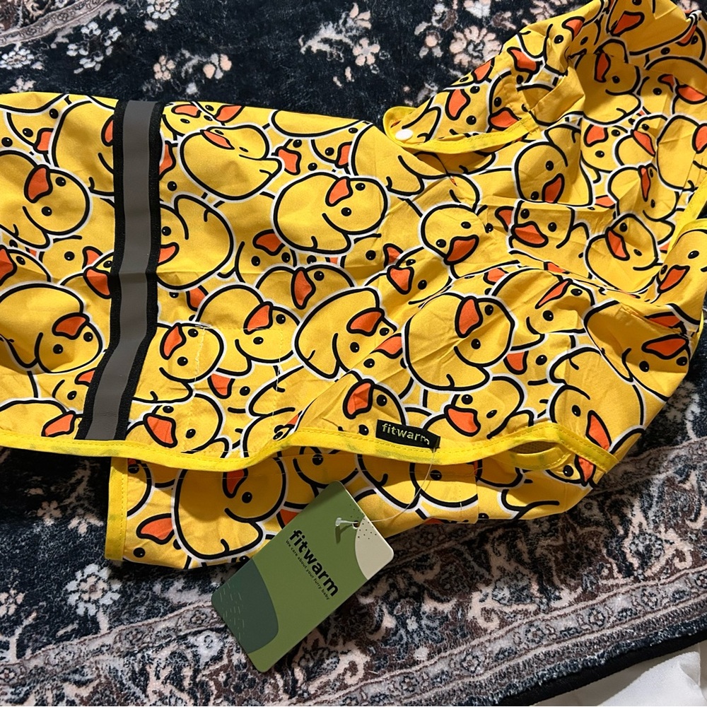 Fitwarm Dog Raincoat Jacket - hooded Yellow Duck Print- New- Reflective